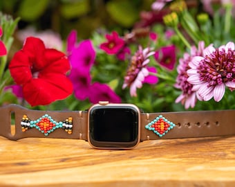 Beaded Leather Apple Watch Band: Western Aztec Style