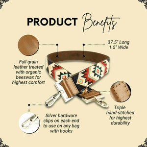 May include: A colorful, beaded and leather bag strap with silver hardware clips. The strap is 37.5 inches long and 1.5 inches wide. The strap is made of full grain leather treated with beeswax for comfort and is triple hand-stitched for durability.