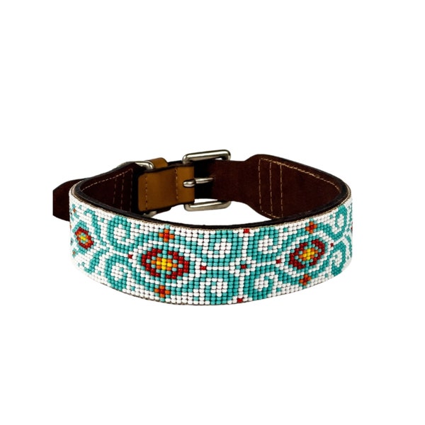 Native beaded dog collar from brazil in leather