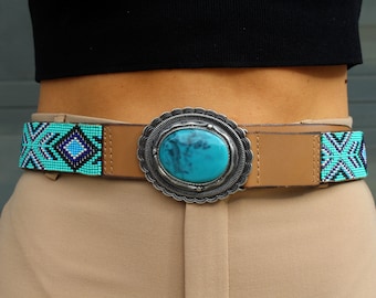 Leren riem met kralen: turkooizen gesp, afneembare westernriem
