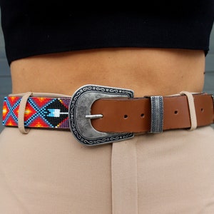 Beaded Leather Belt Removable Buckle, full grain leather belt, genuine leather belt, women&#39;s belt, native western belt, aztec belt,