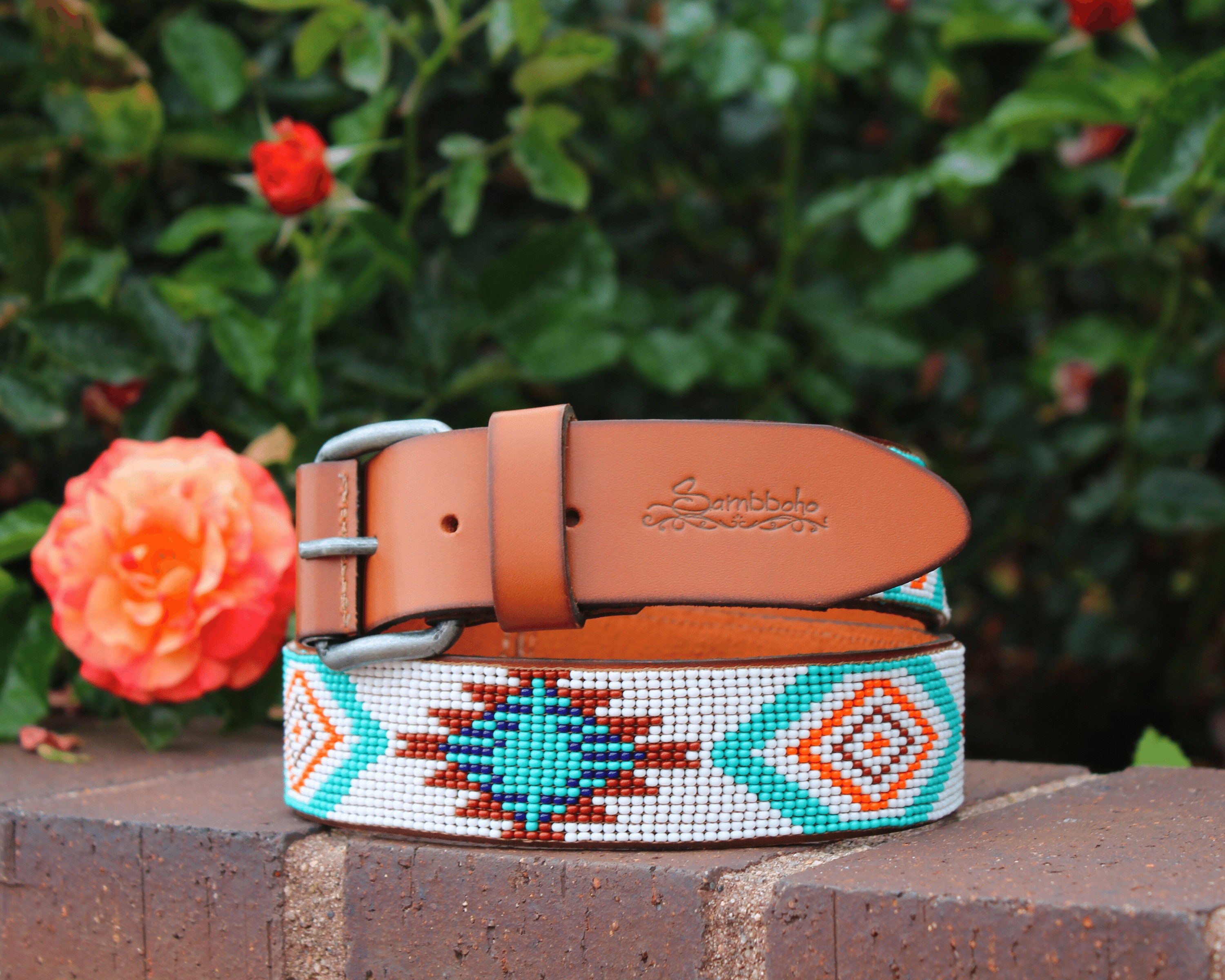 Vintage 1991 Women\'s Leather Western Belt Multicolor Aztec Bead Design 38 Vintage 1991 Beaded Leather Southwestern | Mercari main image 3