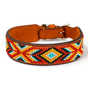 leather beaded dog collar, southwestern collar, navajo pattern, aztec dog collar, dog collar for boy, for girl, for big dog, for small dog