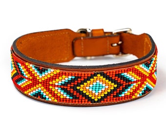 leather beaded dog collar, southwestern collar, navajo pattern, aztec dog collar, dog collar for boy, for girl, for big dog, for small dog