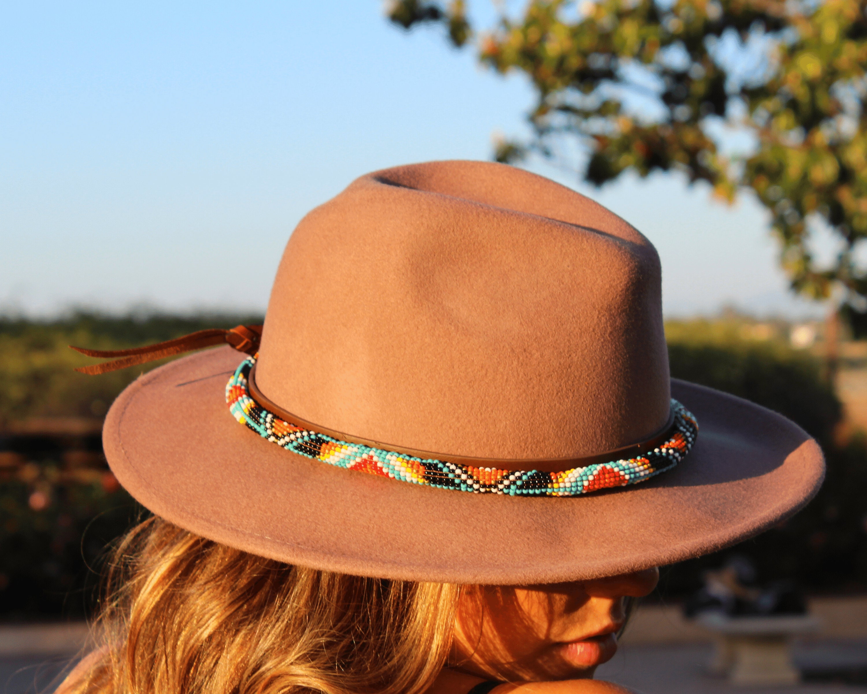Beaded Leather Hatband: Western Cowboy Hat Band, Aztec  display picture 3
