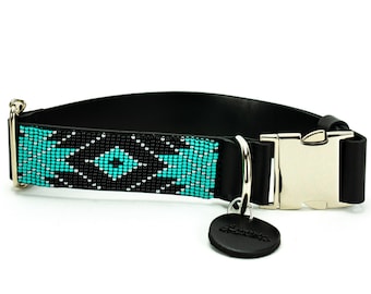 Quick release dog collar, leather beaded dog collar, break away buckle, breakaway dog collar, collar for big dog, small dog, native, aztec