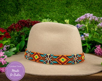 beaded hatband, leather hatband, hatband for cowboy hat, western hat band, native hatband, blue beaded hatband