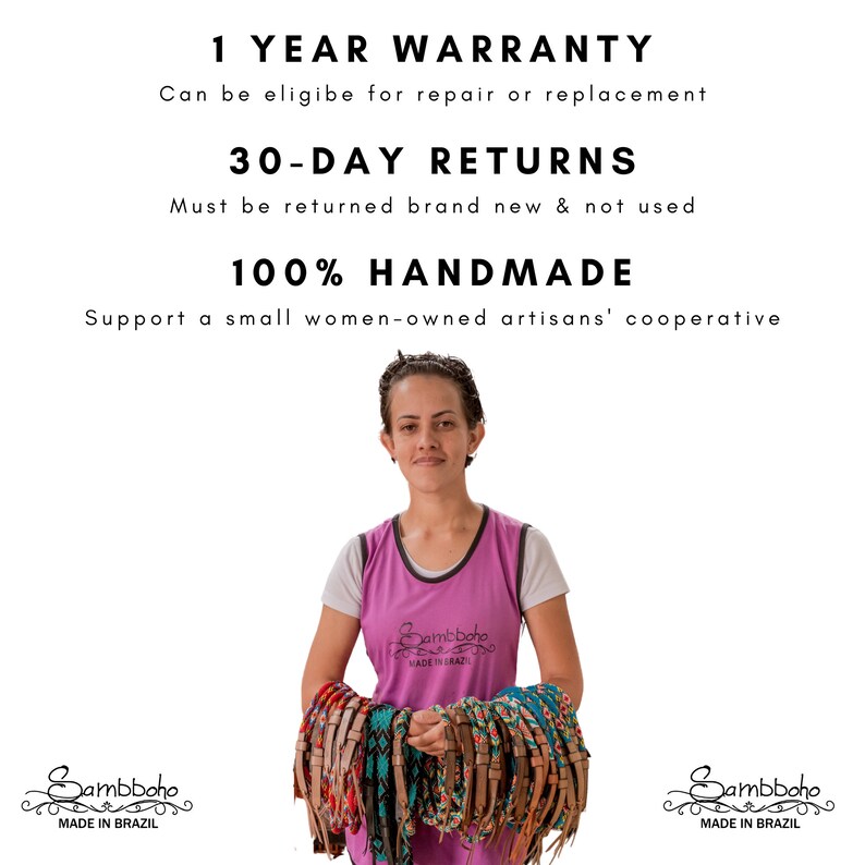 May include: A woman holds a variety of colorful leather bracelets. The bracelets are handmade by a women-owned cooperative in Brazil. The image includes the text "Sambboho Made in Brazil".