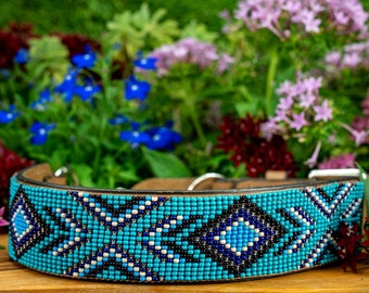 Martingale dog collar, leather dog collar, beaded dog collar, collar with buckle, greyhounds collar, large dog, small dog, pit bull, aztec,