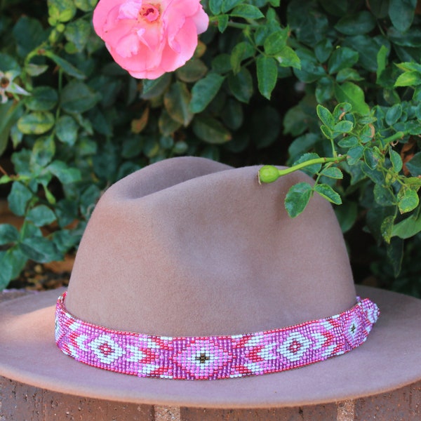 beaded hatband, leather hatband, hatband for cowboy hat, western hat band, native hatband, pink beaded hatband