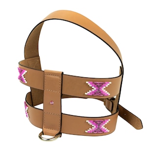 Leather dog harness, Beaded dog harness, dog harness for girl, female, pink
