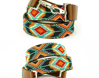 Beaded Leather Crossbody Strap: Silver Hardware, Embroidered Purse Strap