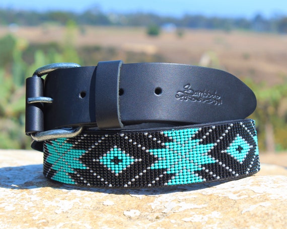 Handmade Beaded Leather Belt: Western Aztec Style on Black  display picture 2