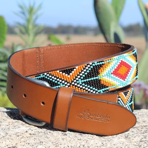 Beaded leather belt, full grain leather belt, genuine leather belt, women&#39;s belt, native belt, western belt, aztec belt, gift for her