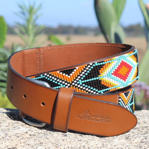 Handmade Beaded Full Grain Leather Belt: Western Aztec Design
