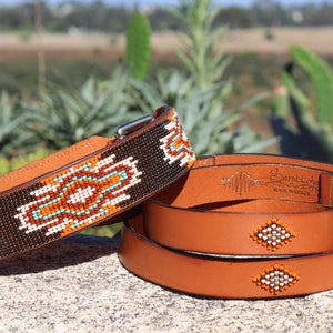 Dog leash collar set, leather dog leash, matching collar leash, leather collar, beaded collar, beaded leash, beaded leather dog leash, aztec