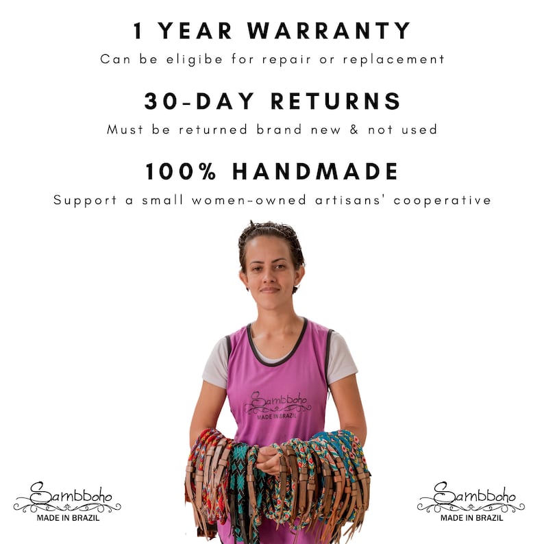May include: A woman holds a variety of colorful leather bracelets. The bracelets are handmade by a women-owned cooperative in Brazil. The image includes the text "Sambboho Made in Brazil".