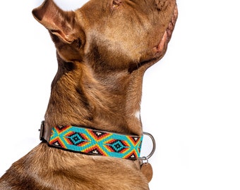 Handmade Leather Beaded Dog Collar: Brazilian Artisan Design and center D ring