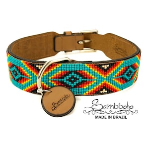Leather beaded dog collar with center D-ring, native and aztec patterns, dog collar for boy and girl, small dog and big dog