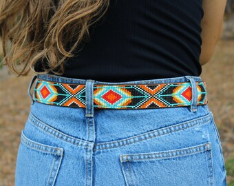 Handmade Beaded Full Grain Leather Belt: Western Aztec 