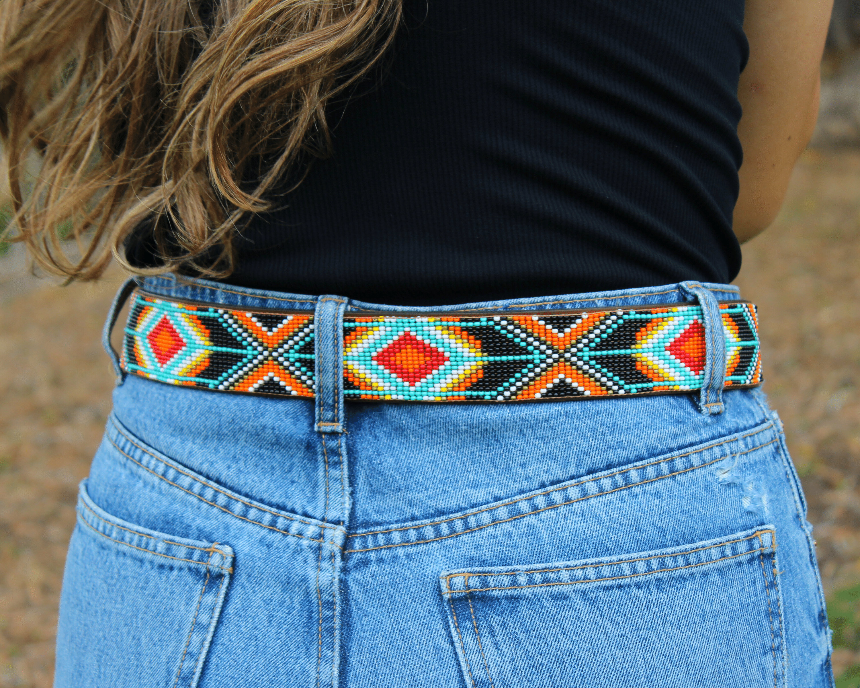 Handmade Beaded Full Grain Leather Belt: Western Aztec 