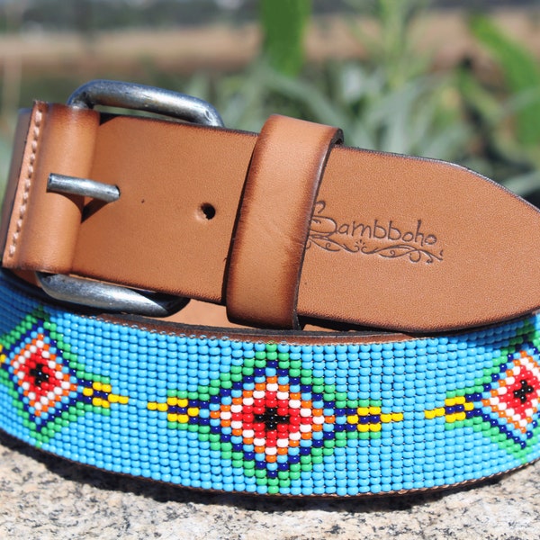 Beaded leather belt, full grain leather belt, genuine leather belt, women's belt, native belt, western belt, aztec belt, gift for her