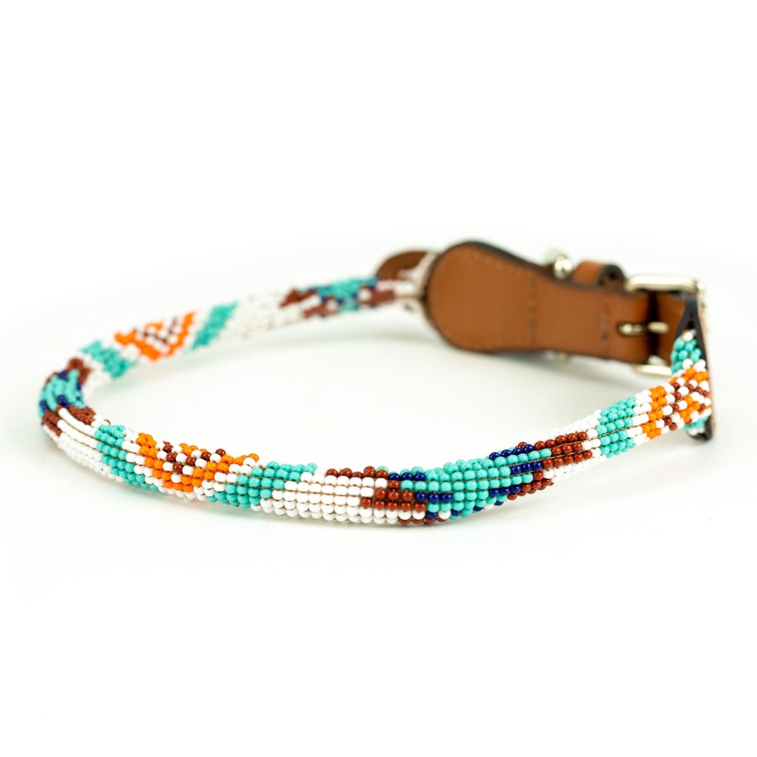 Rolled Leather Dog Collar With Beads, Rope Beaded Dog Collar, Dog Collar for Long Haired Dog