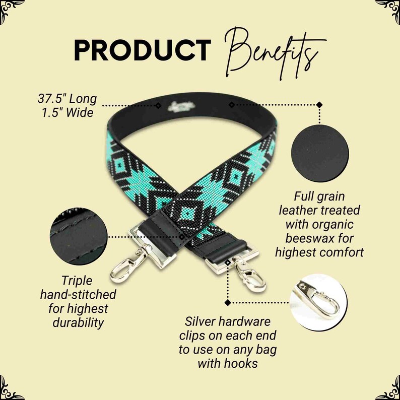 May include: A black leather bag strap with a turquoise and black geometric pattern. The strap is 37.5 inches long and 1.5 inches wide. It has silver hardware clips on each end and is triple hand-stitched for durability.