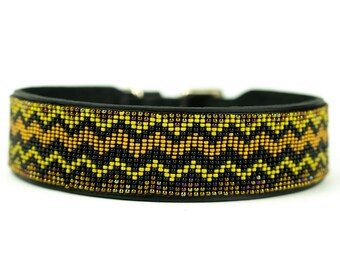 Beaded Leather Dog Collar: Aztec Gold, Black Full Grain Leather