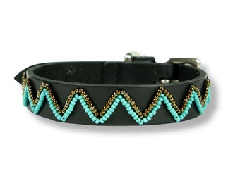 Handmade Beaded Leather Dog Collar: Southwestern Boho Pet Collar