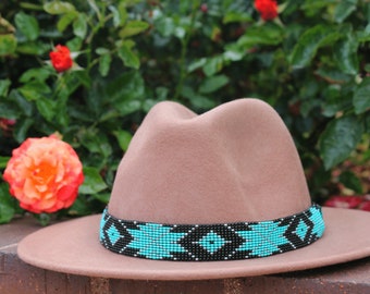 Leather Beaded Hatband: Western Cowboy Hat Band, Aztec Turquoise Design on Black Leather