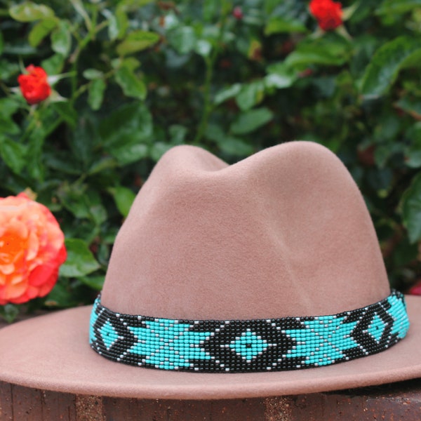 Leather Beaded Hatband: Western Cowboy Hat Band, Aztec Turquoise Design on Black Leather