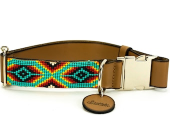 Quick release leather dog collar, beaded dog collar, break away buckle, breakaway dog collar, collar for big dog, small dog, native, aztec