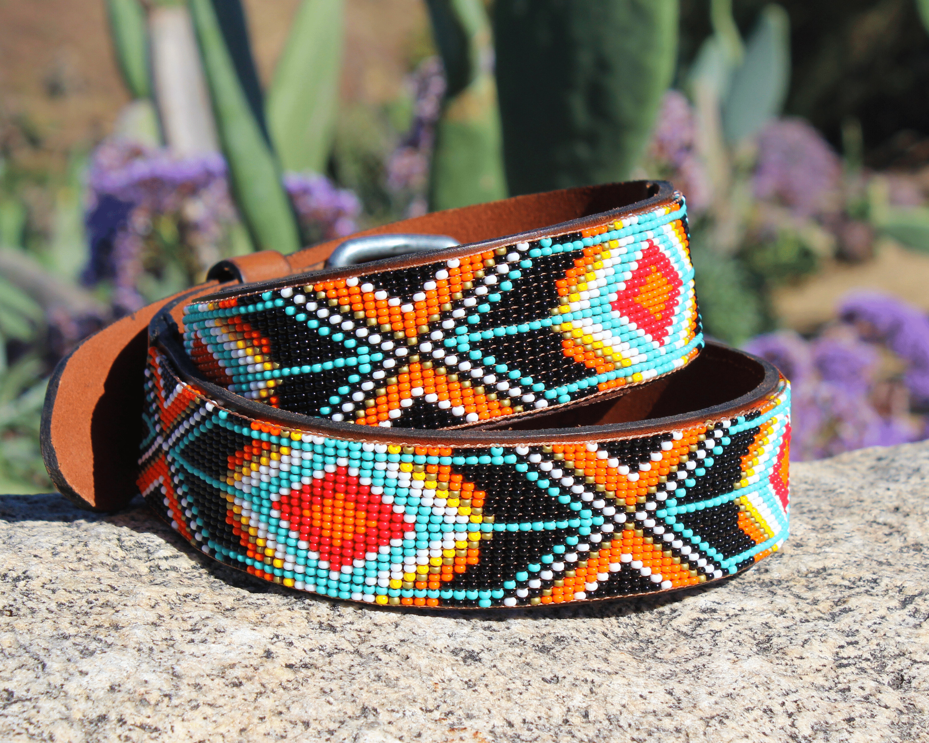 Handmade Beaded Full Grain Leather Belt: Western Aztec 