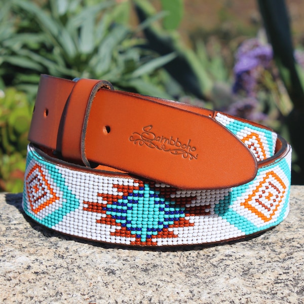 Beaded leather belt, full grain leather belt, genuine leather belt, women's belt, native belt, western belt, aztec belt, gift for her