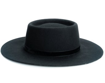 boater hat, wide brim hat, wool hat, panama hat, fedora hat, black hat, velvet, structured, dipped crowned hat, 100% wool hat,