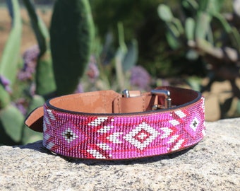 Pink dog collar, beaded dog collar, leather dog collar, aztec dog collar, real leather collar, collar for girl, big dog, small dog, D-ring