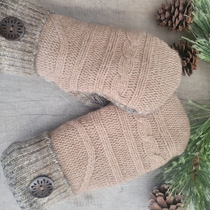 Women's Mittens ~ Upcycled Sweater Mittens ~ Beautiful Greens, Brown, Tan, Camel~Wool Blend Mittens~ Fleece Lined Mittens~Soft Warm Mittens