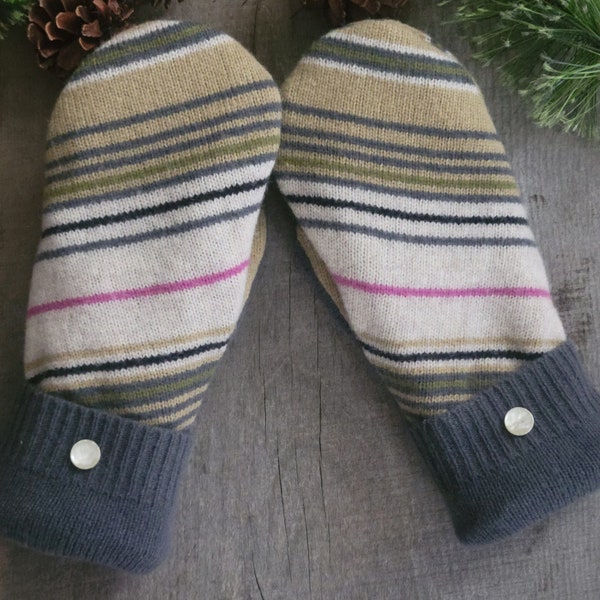 Upcycled Wool Sweater Mittens ~ Gray White Green Mittens ~ Women's Wool Mittens, Wool Stripe Mittens ~ Fleece Lined~ Pink & Yellow Wool~Gift