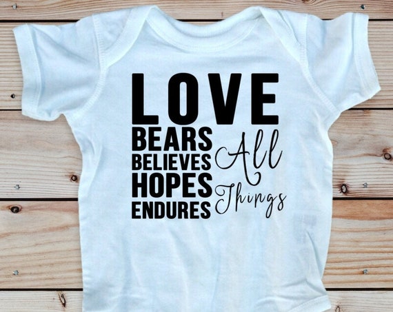 Love Bears All Things Bible verse infant bodysuit, Love Chapter Christian baby girl clothes, Baby