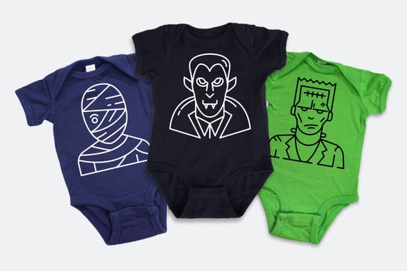 Set of 3 Halloween baby outfits, Dracula, Mummy, and Frankenstein, Glow in the Dark halloween baby tee