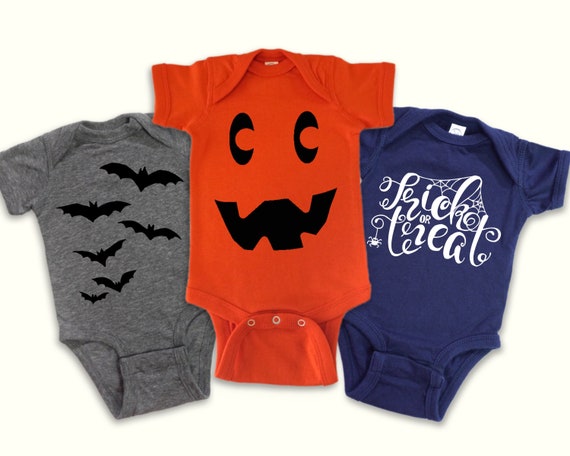 Set of 3 Halloween baby outfits, Pumpkin, bats, and glow Trick or Treat, Glow in the Dark halloween baby tee