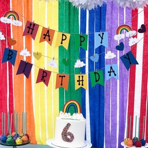 Rainbow Birthday Banner: Colorful Garland with Clouds, Primary Color Party Decoration