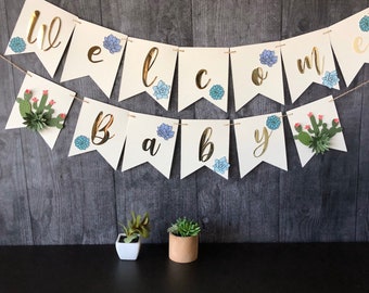 Gold Foil Cactus Baby Shower Banner: Welcome Baby Celebration