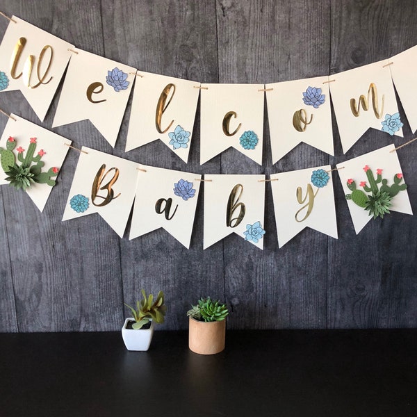 Gold Foil Cactus Baby Shower Banner: Welcome Baby Celebration