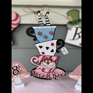 Alice in Wonderland Cake topper, Birthday party decor, Alice in wonderland personalized cake topper, tea cups cake topper