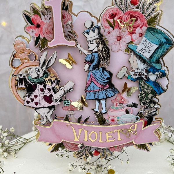 Alice in Wonderland Cake topper, Birthday party decor, Alice in wonderland personalized cake topper, tea cups cake topper