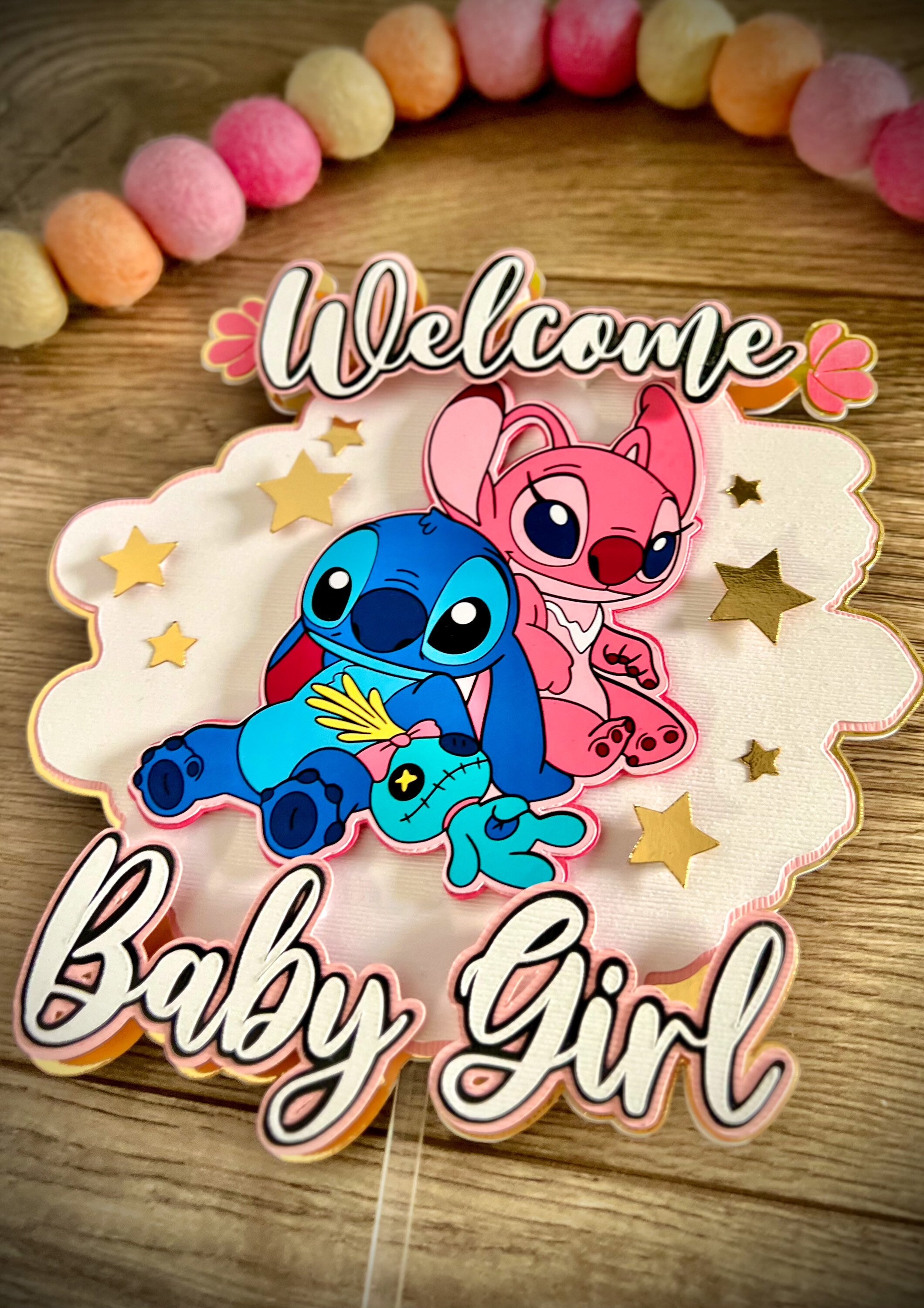 Baby Pink Stitching Cascade Centerpiece - 8.5" High Baby Shower Table Decoration With Foil Strips & Cut-Outs
