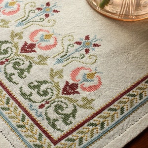 Cross Stitch table runner kit authentic Greek fabric Arcadian Peony by Avlea Folk Embroidery
