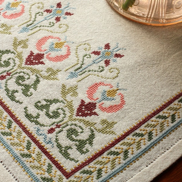 Cross Stitch Kit Arcadian Peony table runner from Avlea Folk Embroidery